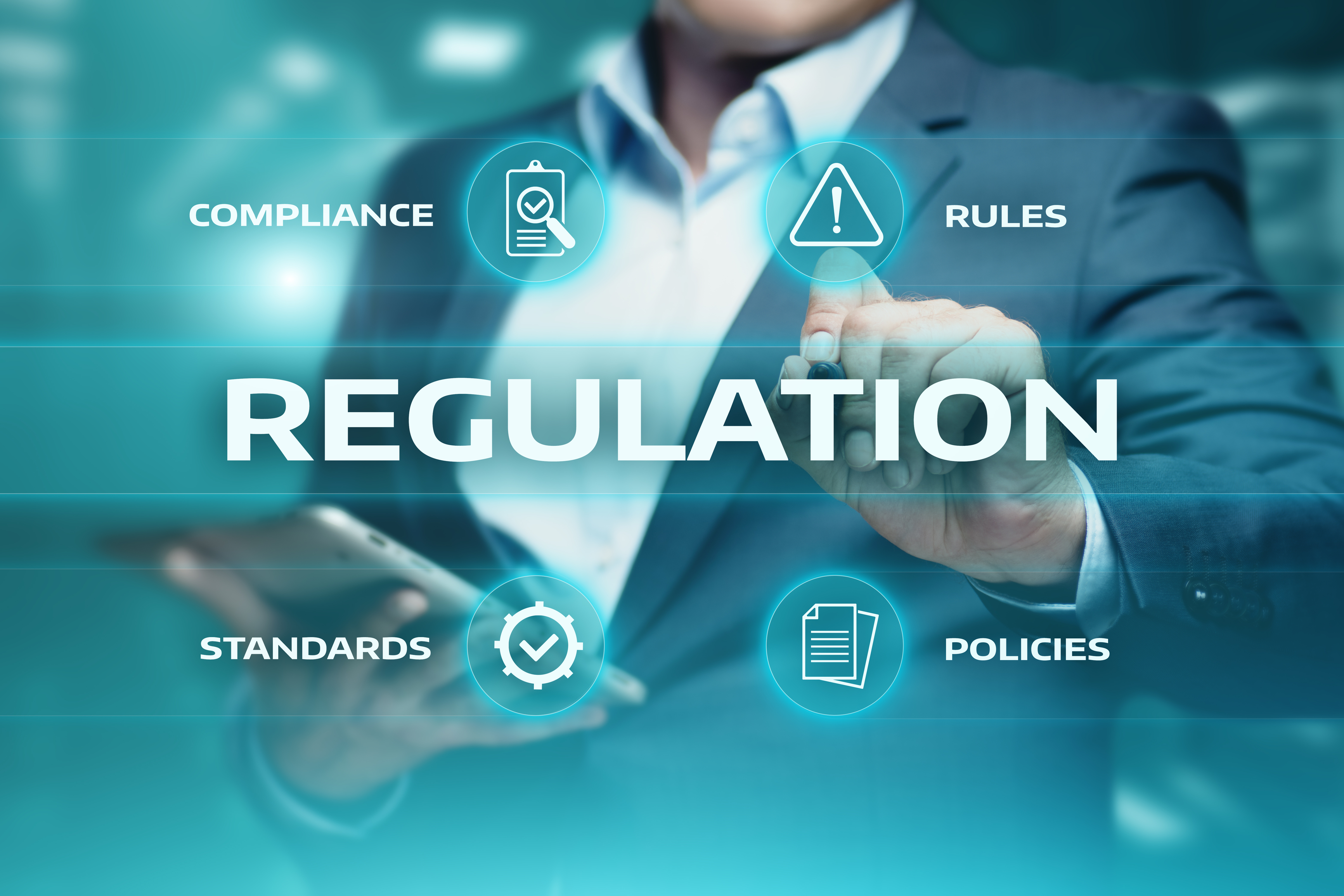 Graphic with regulation, compliance, rules, standards, and policies